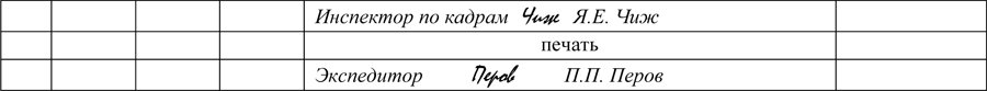 Пример аналогичного оформления подписи увольняемого работника и подписи лица, ответственного за ведение трудовых книжек