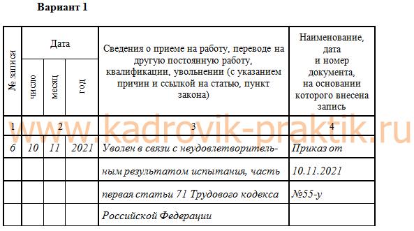 Образец записи в трудовой книжке об увольнении работника в связи с неудовлетворительным результатом испытания. Вариант 1