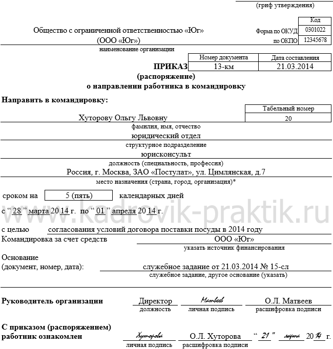 приказ убываю в командировку образец